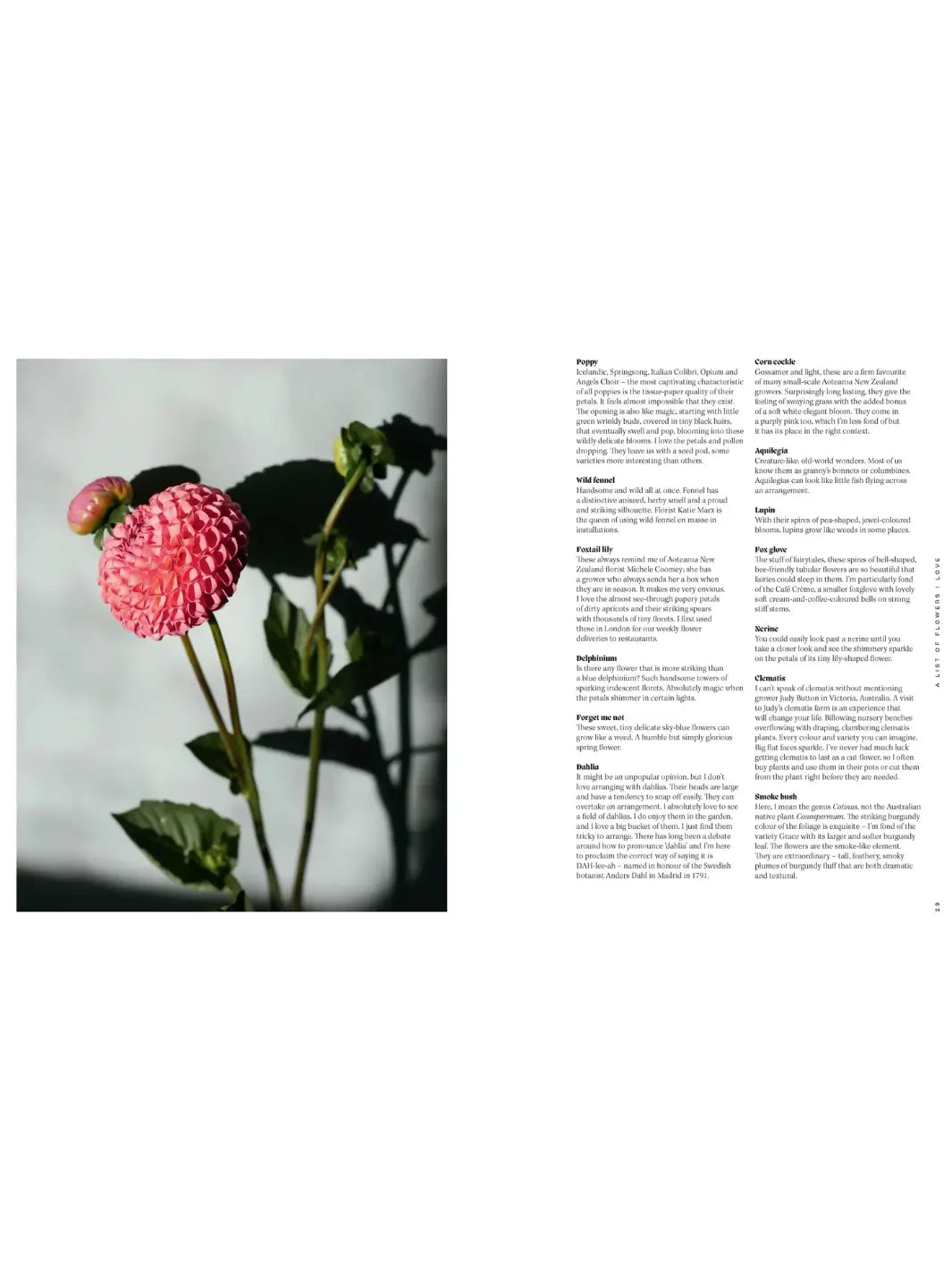 Spread from Pretty Dirty: The Life of Flowers, From Creation to Compost by Melanie Stapleton displaying a close-up photograph of a pink dahlia on the left and a detailed "List of Flowers I Love" on the right | Twentyseven Toronto