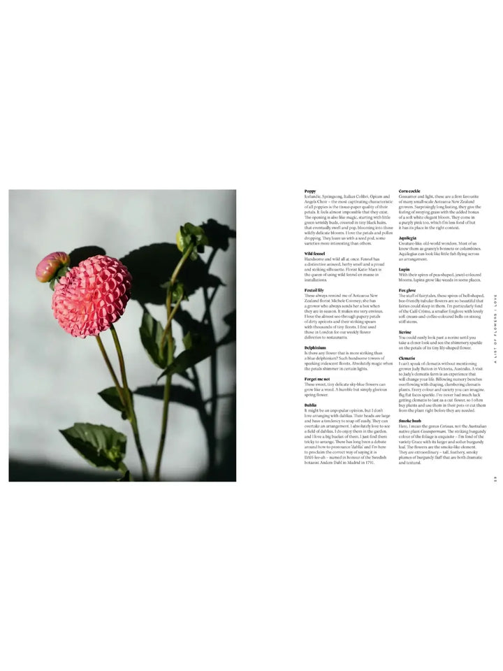 Spread from Pretty Dirty: The Life of Flowers, From Creation to Compost by Melanie Stapleton displaying a close-up photograph of a pink dahlia on the left and a detailed "List of Flowers I Love" on the right | Twentyseven Toronto