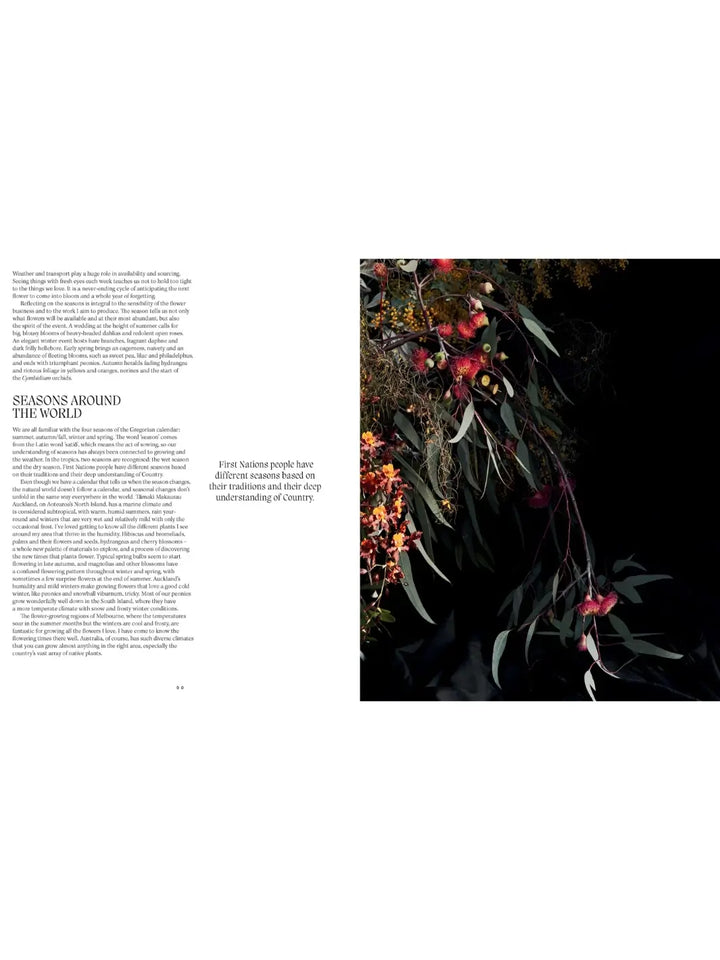 Chapter spread titled "Seasons Around the World" from Pretty Dirty: The Life of Flowers, From Creation to Compost by Melanie Stapleton, featuring text on the left and a photograph of native Australian flora on the right | Twentyseven Toronto
