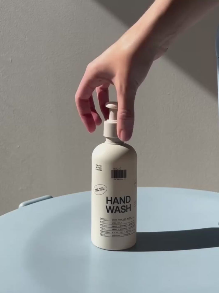 A hand demonstrating how to use the Dedcool Hand Wash Refill in Xtra Milk to refill a beige bottle against a neutral background | Twentyseven