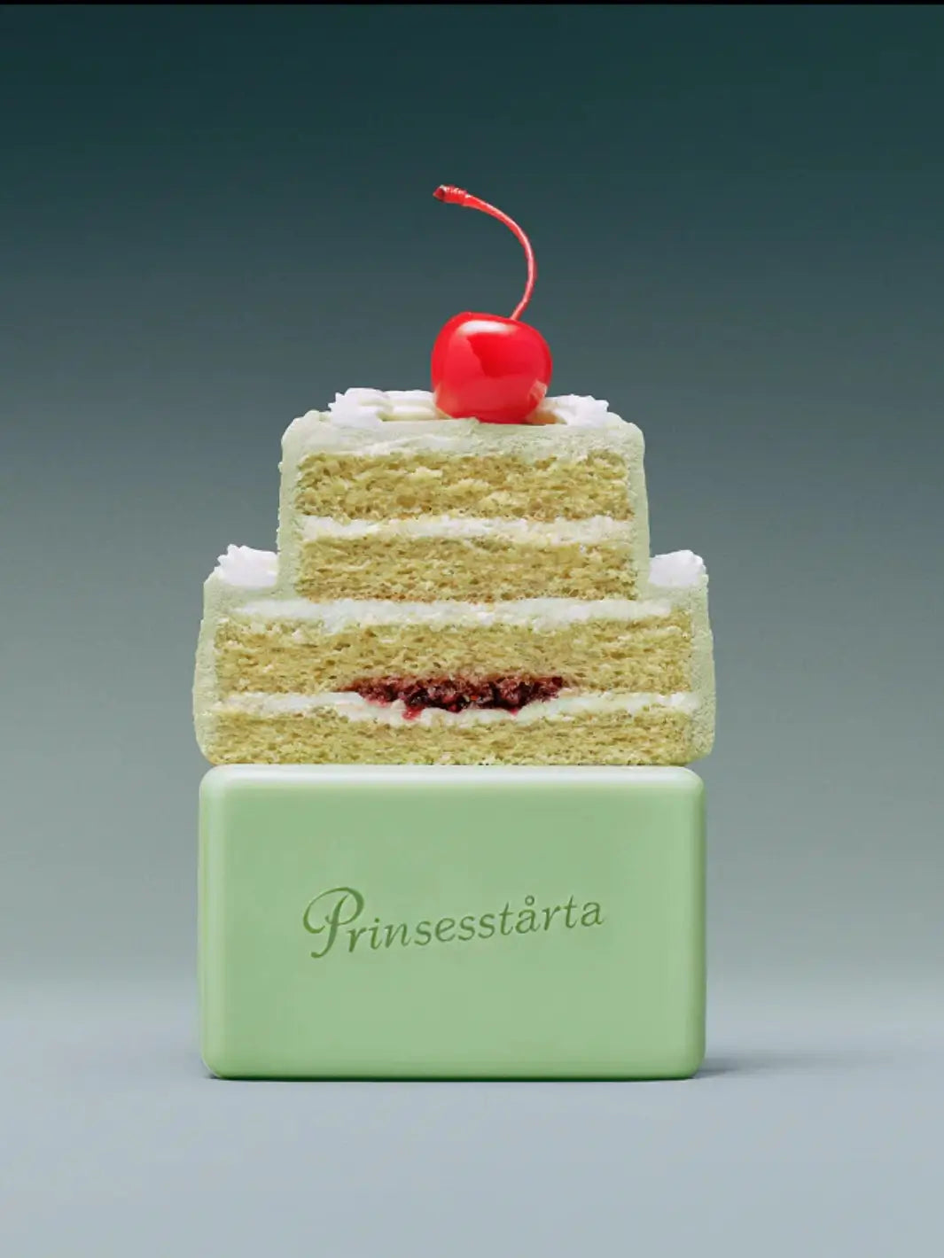 A slice of layered green cake with whipped cream and a cherry sitting on top of the green Flamingo Estate Prinsesstarta Milk Bar soap against a teal background | Twentyseven