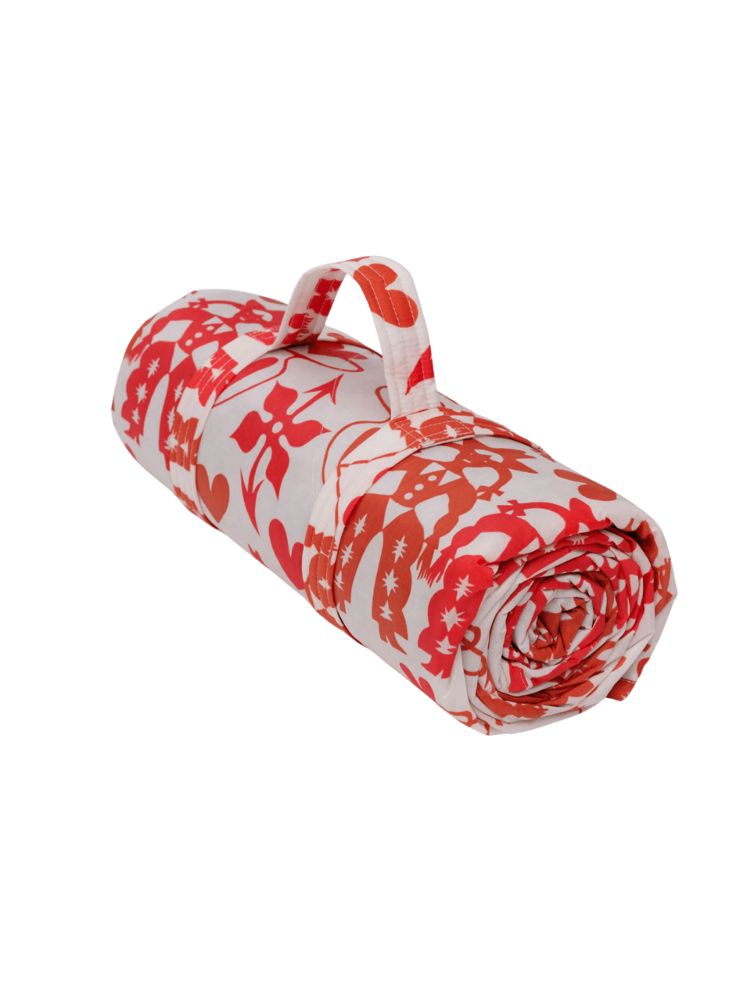 The Baggu Puffy Picnic Blanket in Cowgirl print rolled up in its built-in carrying handle, featuring a vibrant pink western "Cowgirl" motif on a transparent background | Twentyseven Toronto