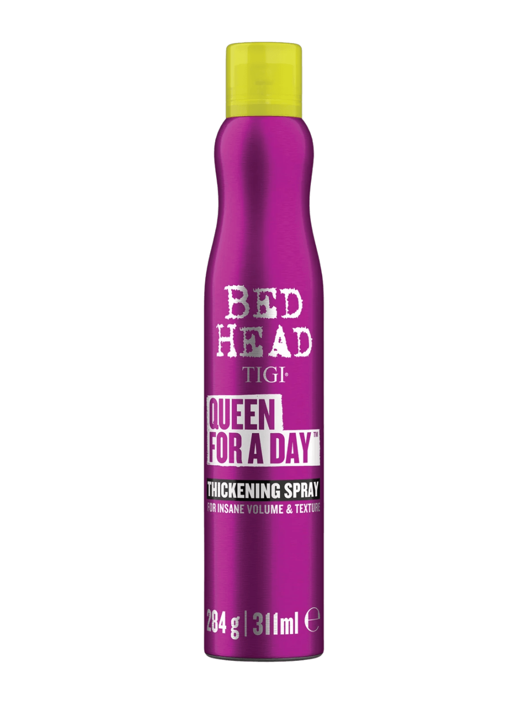 A hand wearing a gold link bracelet holds up a metallic purple bottle of Bedhead by TIGI Queen for a Day Thickening Spray | Twentyseven Toronto