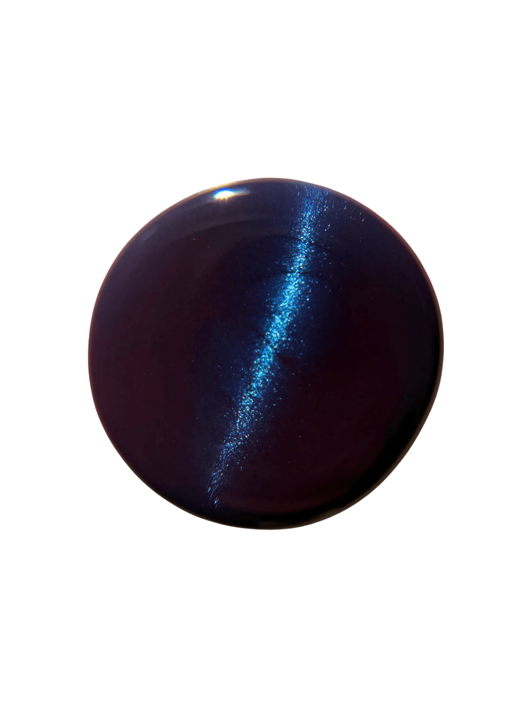 Circular color swatch on a white background displays a sharp, bright blue magnetic line running through the deep purple base of Death Valley Nails Quietude (Or Swallowing Certain Unhappiness) Magnetic Nail Polish | Twentyseven Toronto