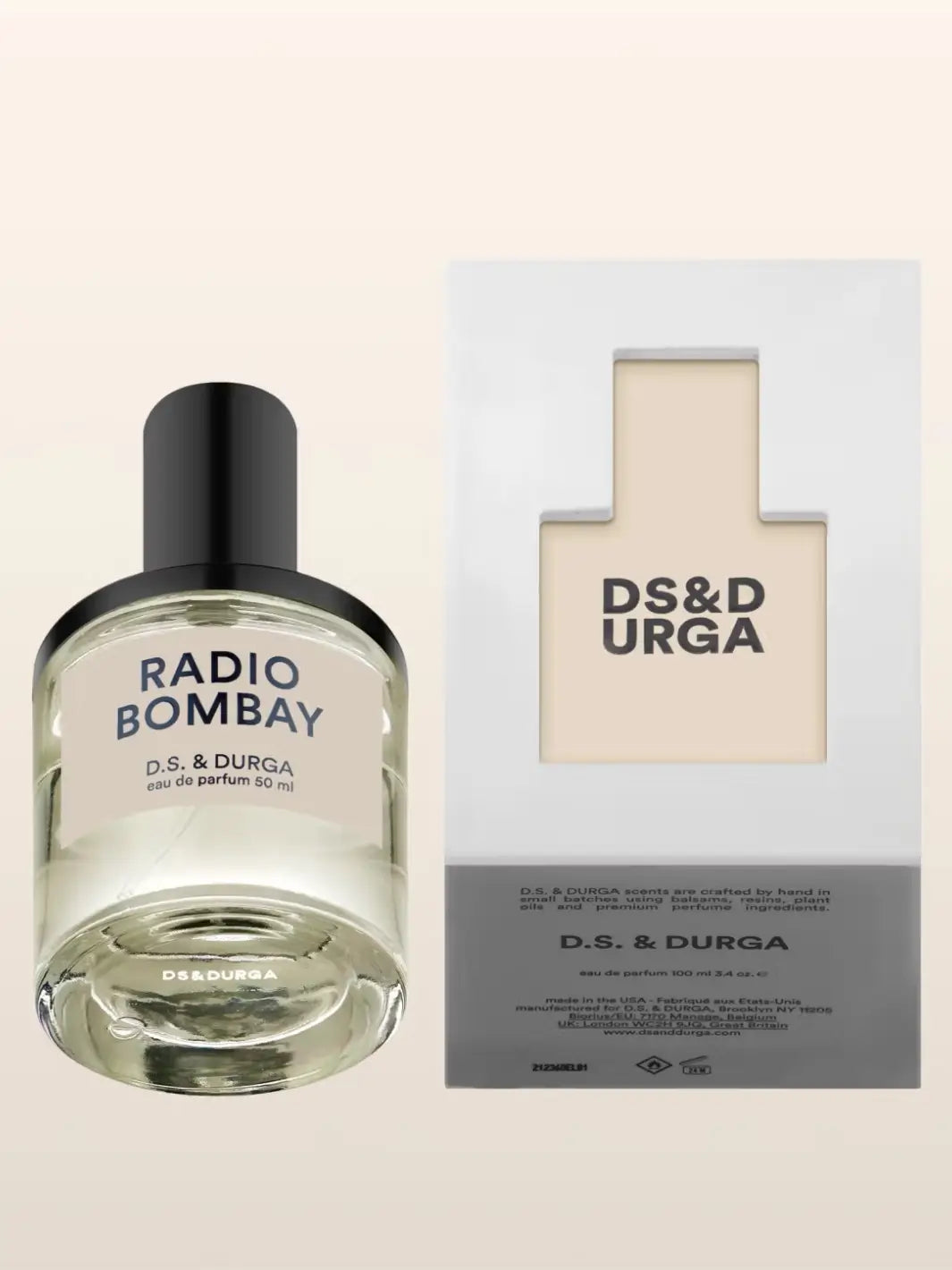Perfume bottle of 'Radio Bombay' and packaging of D.S. & Durga on a beige background | Twentyseven Toronto