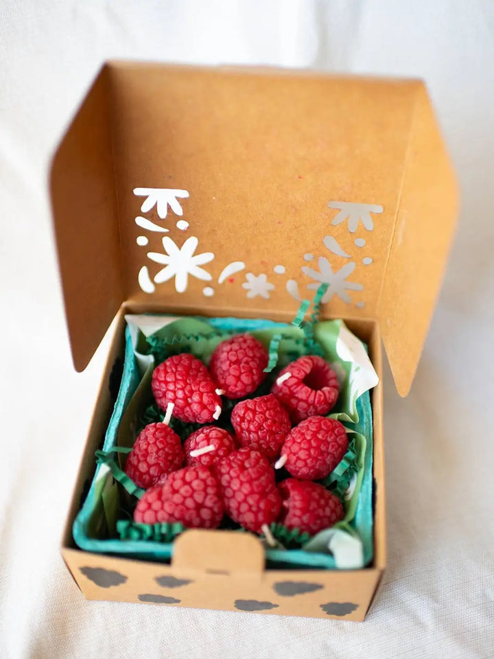 Box of raspberry shaped candles from Happy Organics in brown packaging on a white background | Twentyseven Toronto