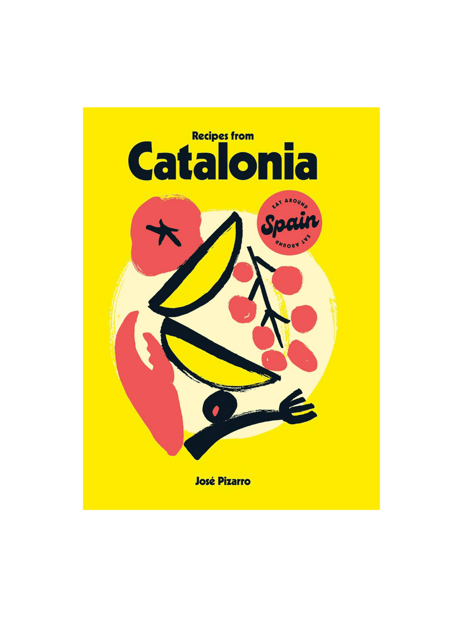 Front cover of the cookbook Recipes from Catalonia by José Pizarro, featuring a bright yellow background with a central white circular brushstroke | Twentyseven Toronto
