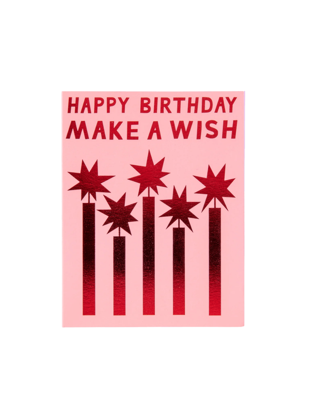 The front of the Banquet Workshop Red Foil Happy Birthday Make a Wish Note Card features five hand-illustrated metallic red foil candles beneath the text "HAPPY BIRTHDAY MAKE A WISH" on a light pink background | Twentyseven