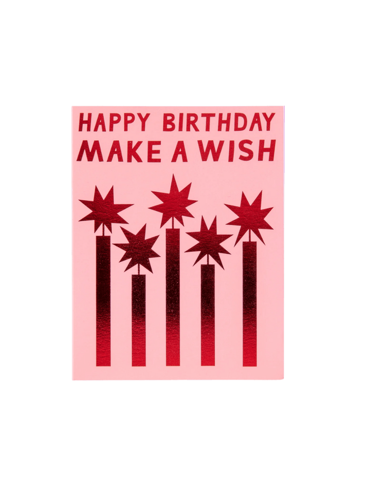 The front of the Banquet Workshop Red Foil Happy Birthday Make a Wish Note Card features five hand-illustrated metallic red foil candles beneath the text "HAPPY BIRTHDAY MAKE A WISH" on a light pink background | Twentyseven