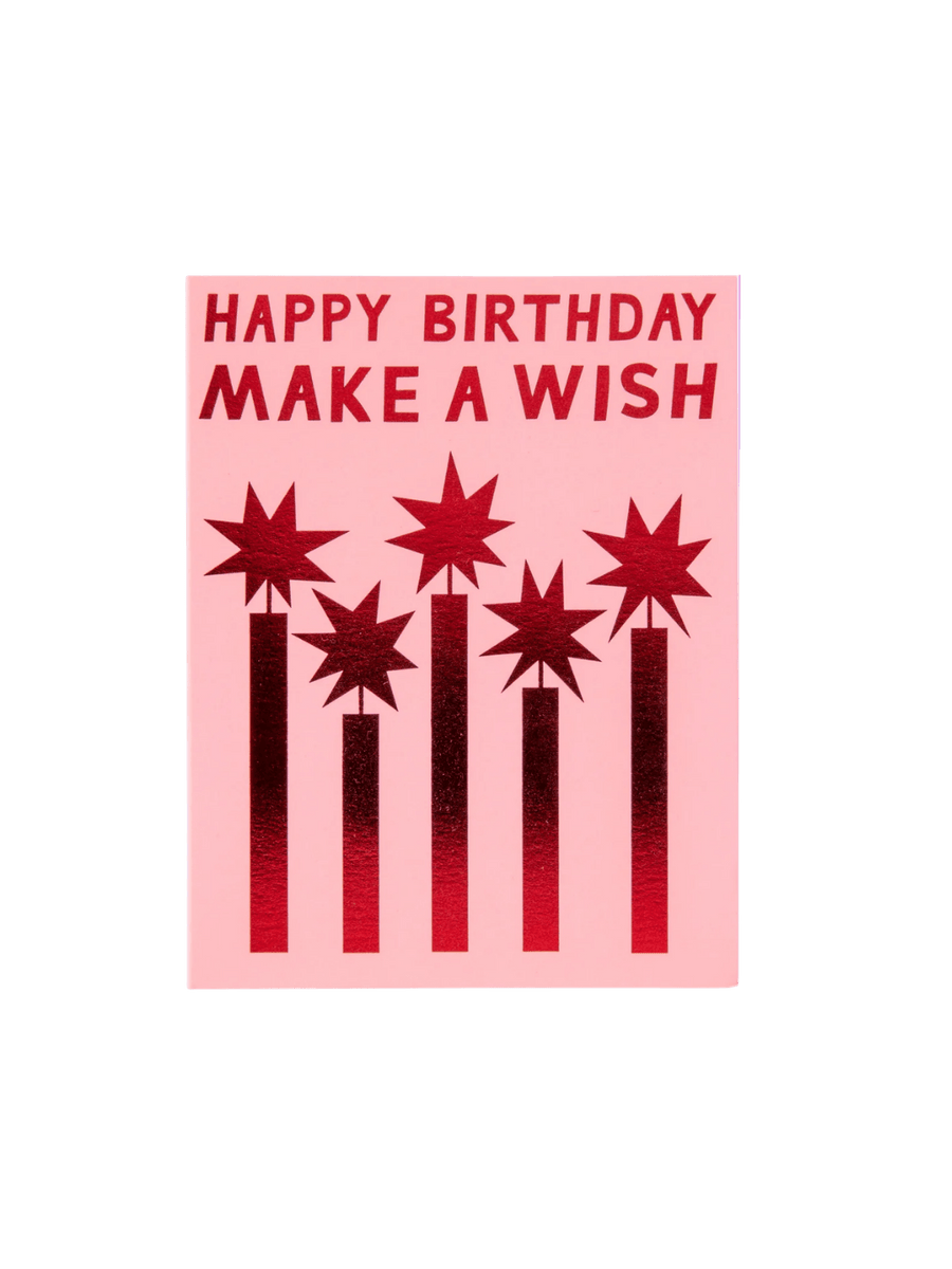 The front of the Banquet Workshop Red Foil Happy Birthday Make a Wish Note Card features five hand-illustrated metallic red foil candles beneath the text "HAPPY BIRTHDAY MAKE A WISH" on a light pink background | Twentyseven
