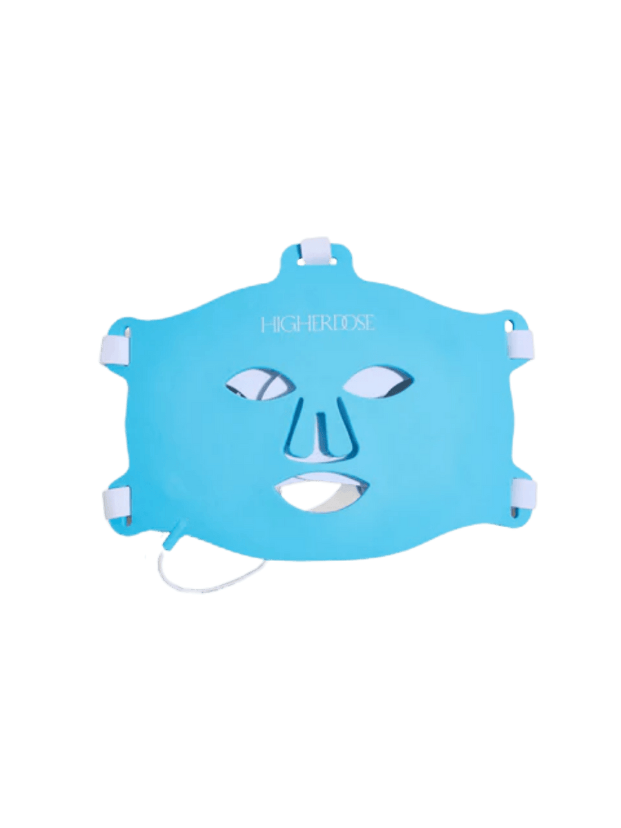Blue red light face mask with white straps from Higher Dose on a transparent background | Twentyseven Toronto