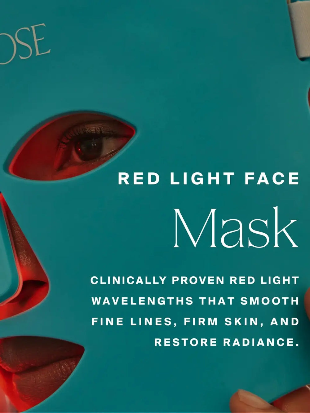 Teal packaging of a red light face mask with text of benefits | Twentyseven Toronto