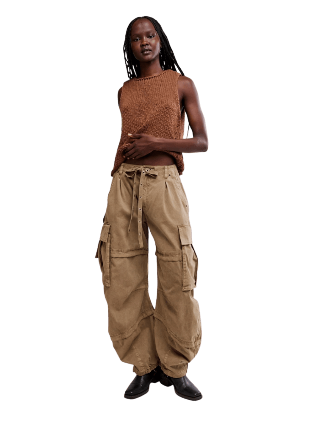 Full-length view of a model wearing Free People We the Free Reef Curved Twill Cargo Pants in Aloe paired with a brown knit sleeveless top | Twentyseven