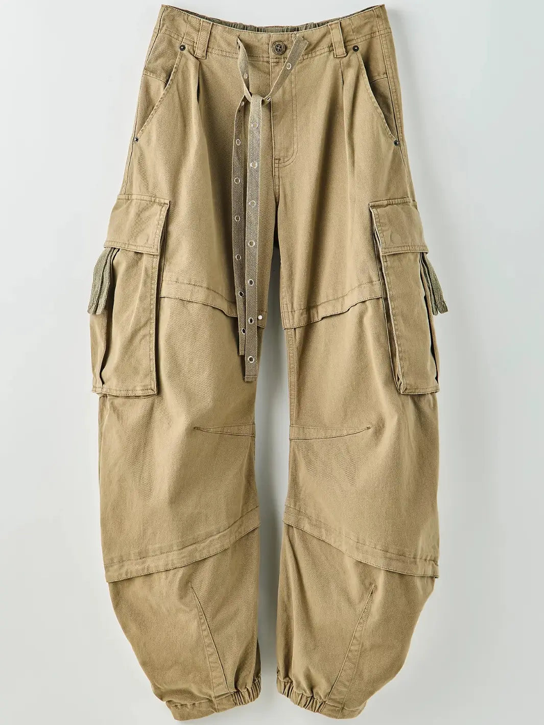 Front flat lay view of Free People We the Free Reef Curved Twill Cargo Pants in Aloe showing the grommet belt detail and cargo pockets | Twentyseven
