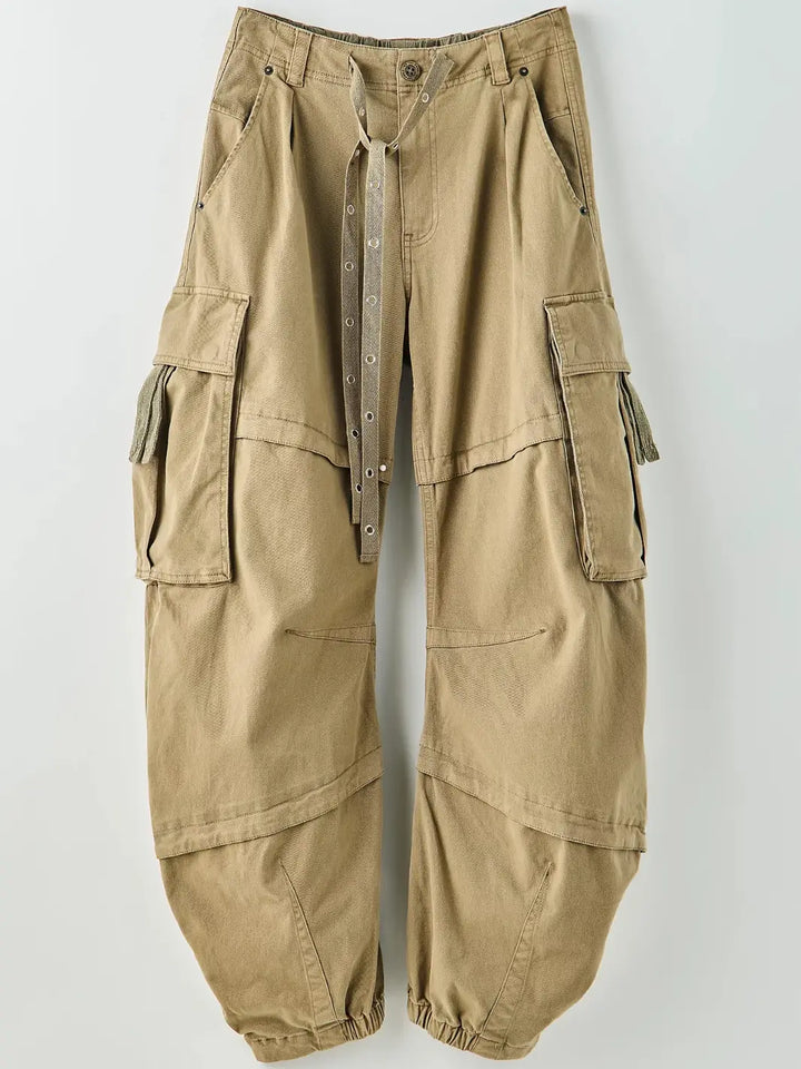 Front flat lay view of Free People We the Free Reef Curved Twill Cargo Pants in Aloe showing the grommet belt detail and cargo pockets | Twentyseven