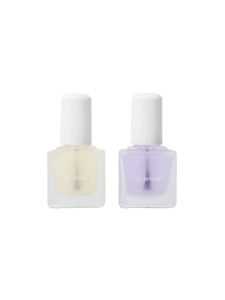 TENOVERTEN The Rehab base coat and The Outlast top coat bottles displayed side by side | Twentyseven Toronto