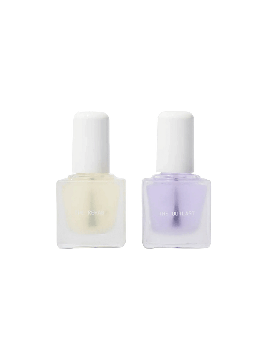 TENOVERTEN The Rehab base coat and The Outlast top coat bottles displayed side by side | Twentyseven Toronto