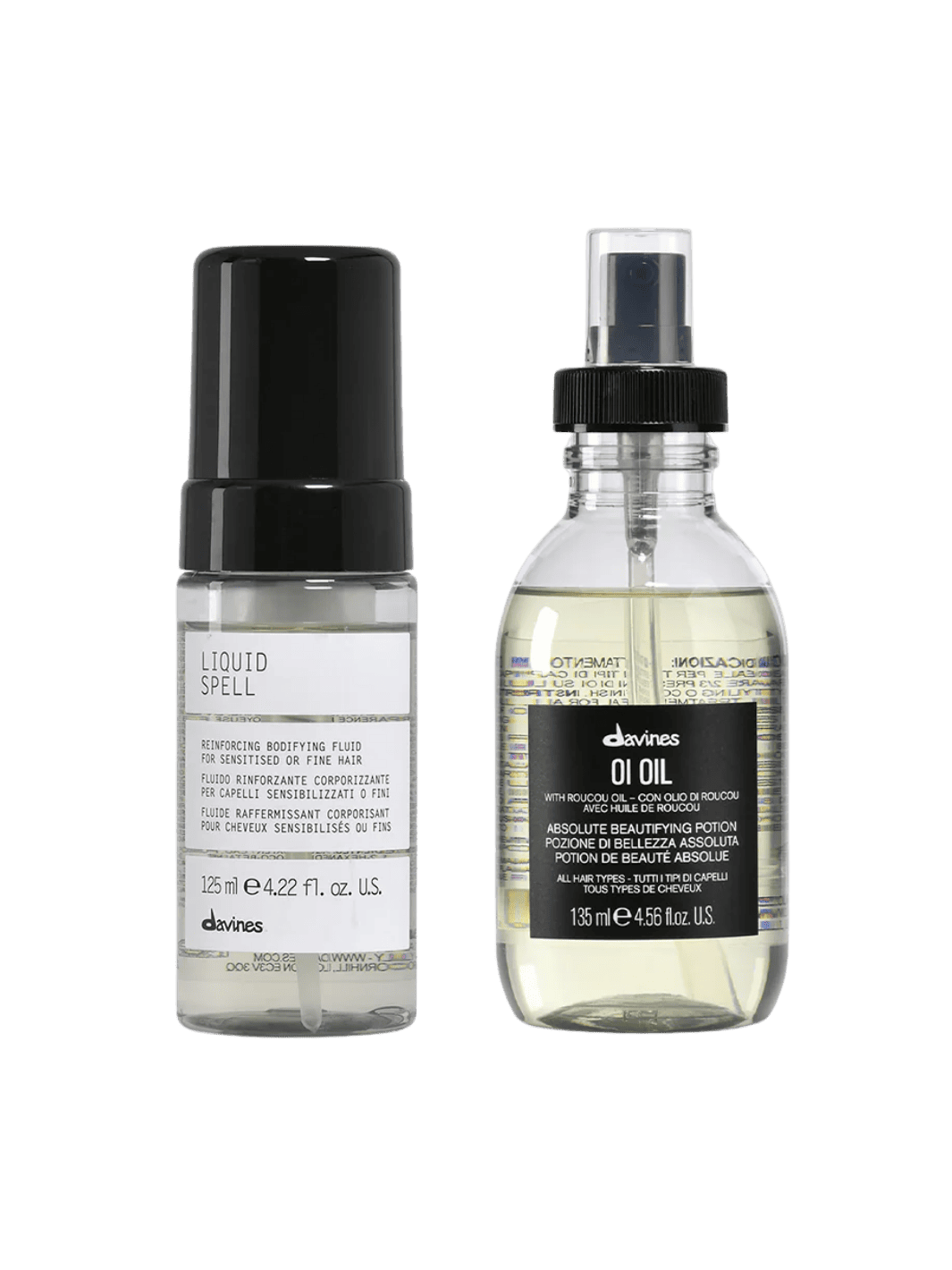 Two Davines hair care products including Liquid Spell Reinforcing Bodifying Fluid 125ml and OI Oil 135ml on a transparent background | Twentyseven Toronto
