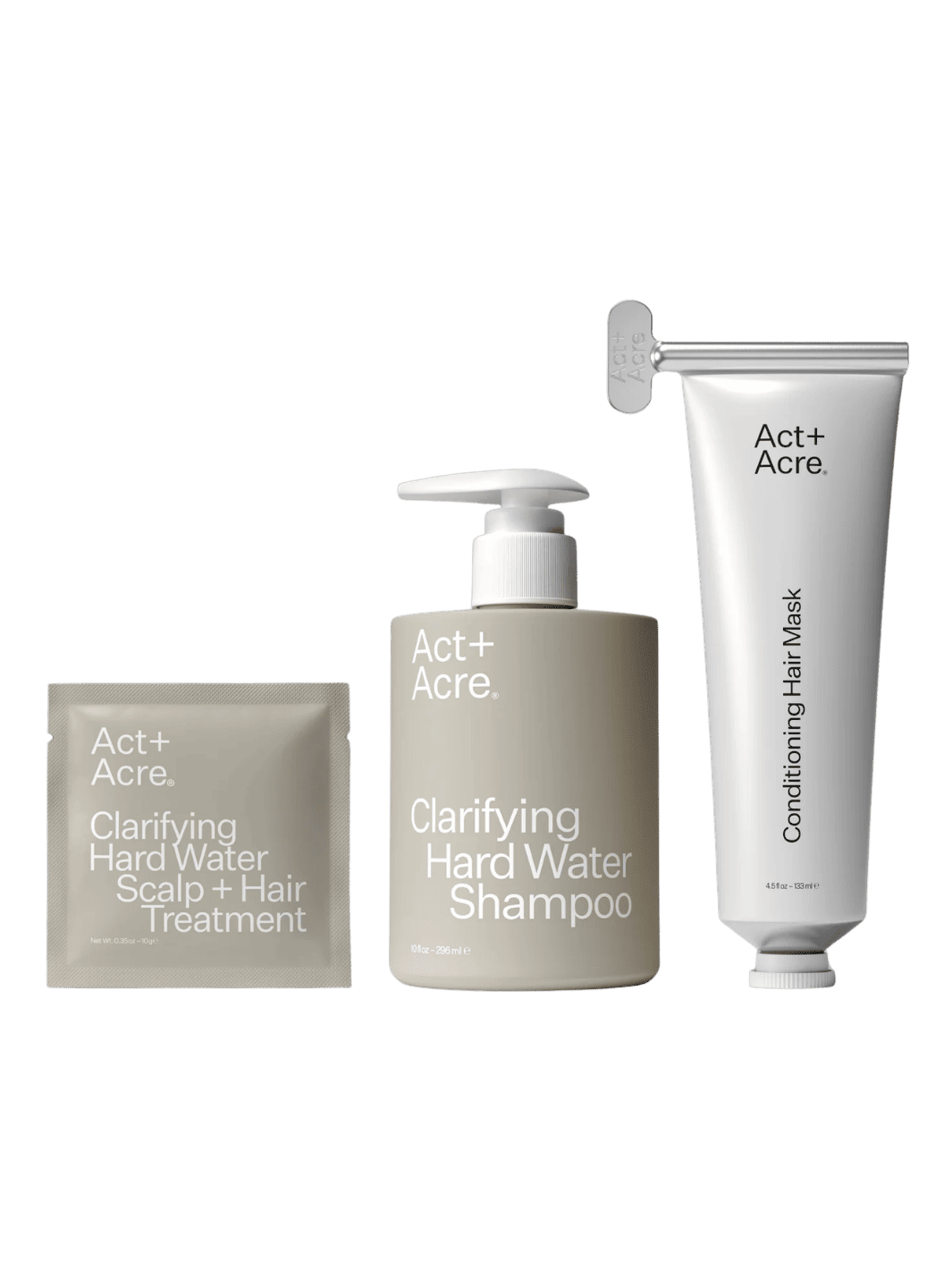 Act+Acre hair care products including Clarifying Hard Water Scalp + Hair Treatment, Clarifying Hard Water Shampoo, and Conditioner Hair Mask on a transparent background | Twentyseven Toronto