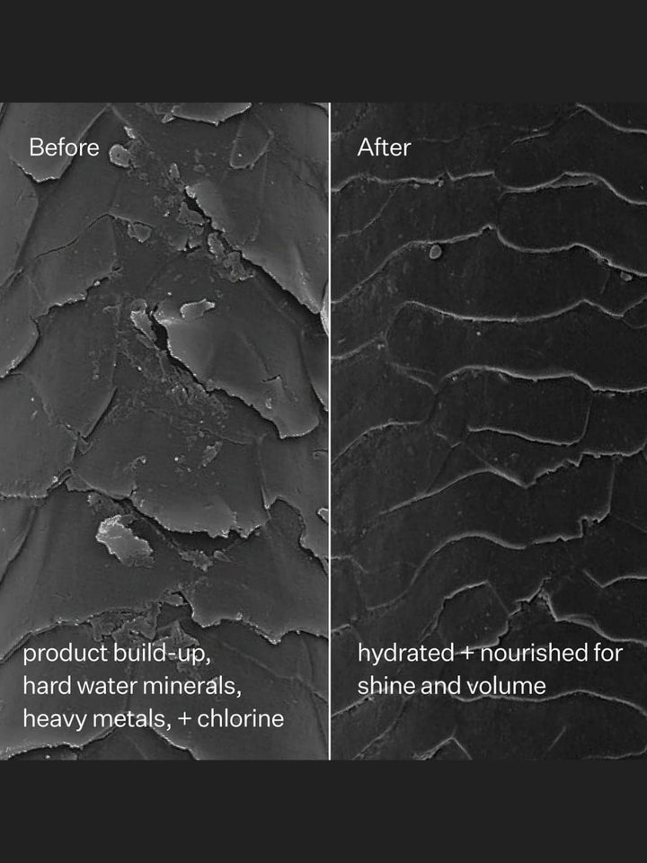 Before and after comparison of hair texture after using Act+Acre Reset and Repair Clarifying System with text describing product build-up and hydration | Twentyseven Toronto