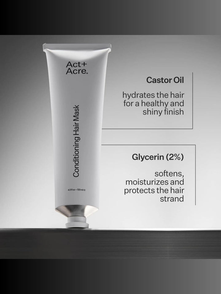Act+Acre Conditioning Hair Mask with text about castor oil and glycerin benefits on a neutral background | Twentyseven Toronto