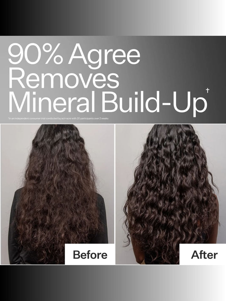 Before and after comparison of hair after using Act+Acre Reset and Repair Clarifying System with text indicating product effectiveness | Twentyseven Toronto
