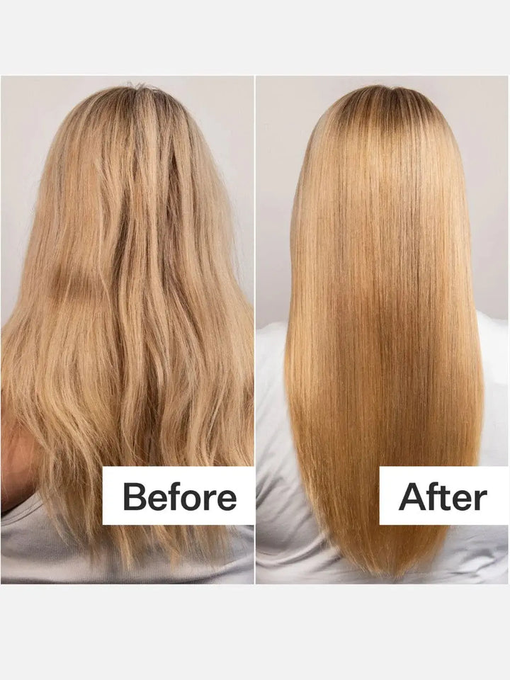 Before and after comparison of Act+Acre Restorative Conditioning Hair Mask on straight blonde hair | Twentyseven Toronto