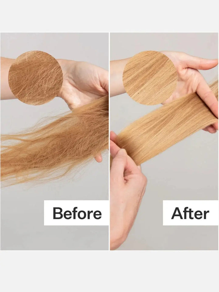 Before and after comparison of Act+Acre Restorative Conditioning Hair Mask on blonde strands | Twentyseven Toronto