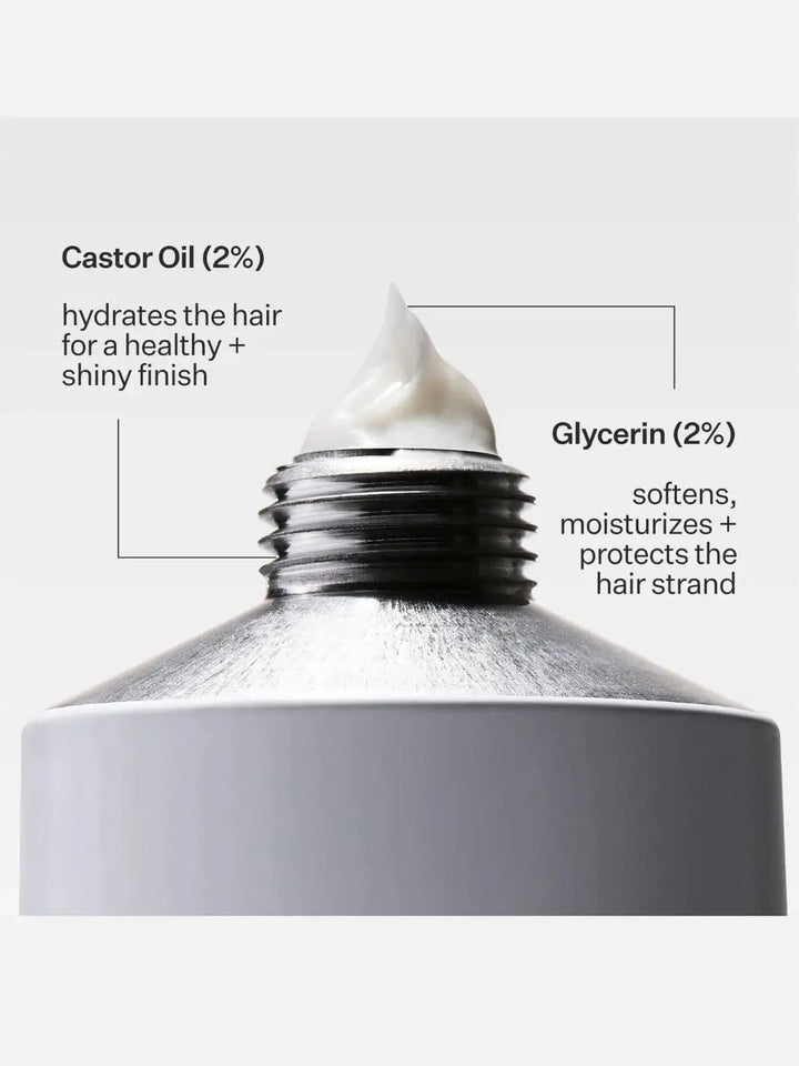 Tube of Act+Acre Restorative Conditioning Hair Mask with product poking out detailing text on castor oil and glycerin benefits | Twentyseven Toronto