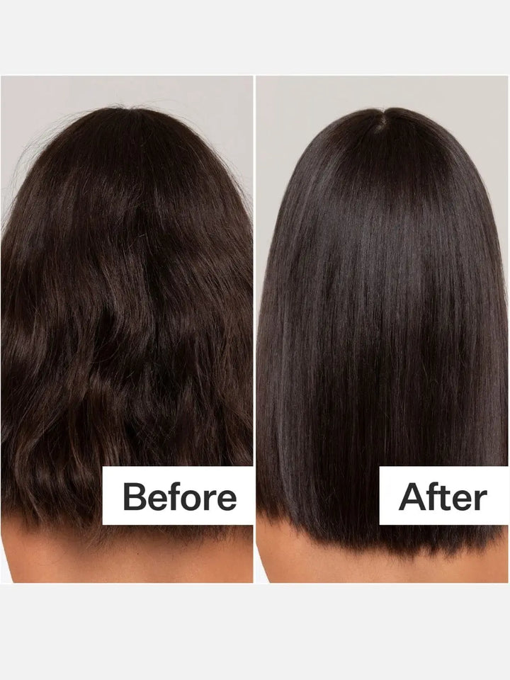 Before and after comparison of Act+Acre Restorative Conditioning Hair Mask on straight black hair | Twentyseven Toronto