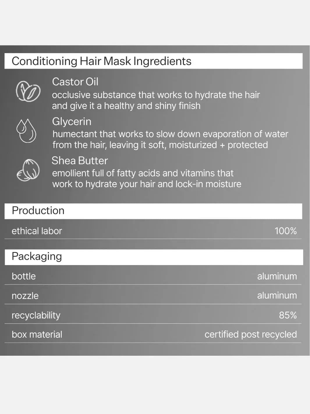 List of conditioning hair mask ingredients with production, packaging, and sustainability details for Act+Acre Restorative Conditioning Hair Mask on a gray background | Twentyseven Toronto