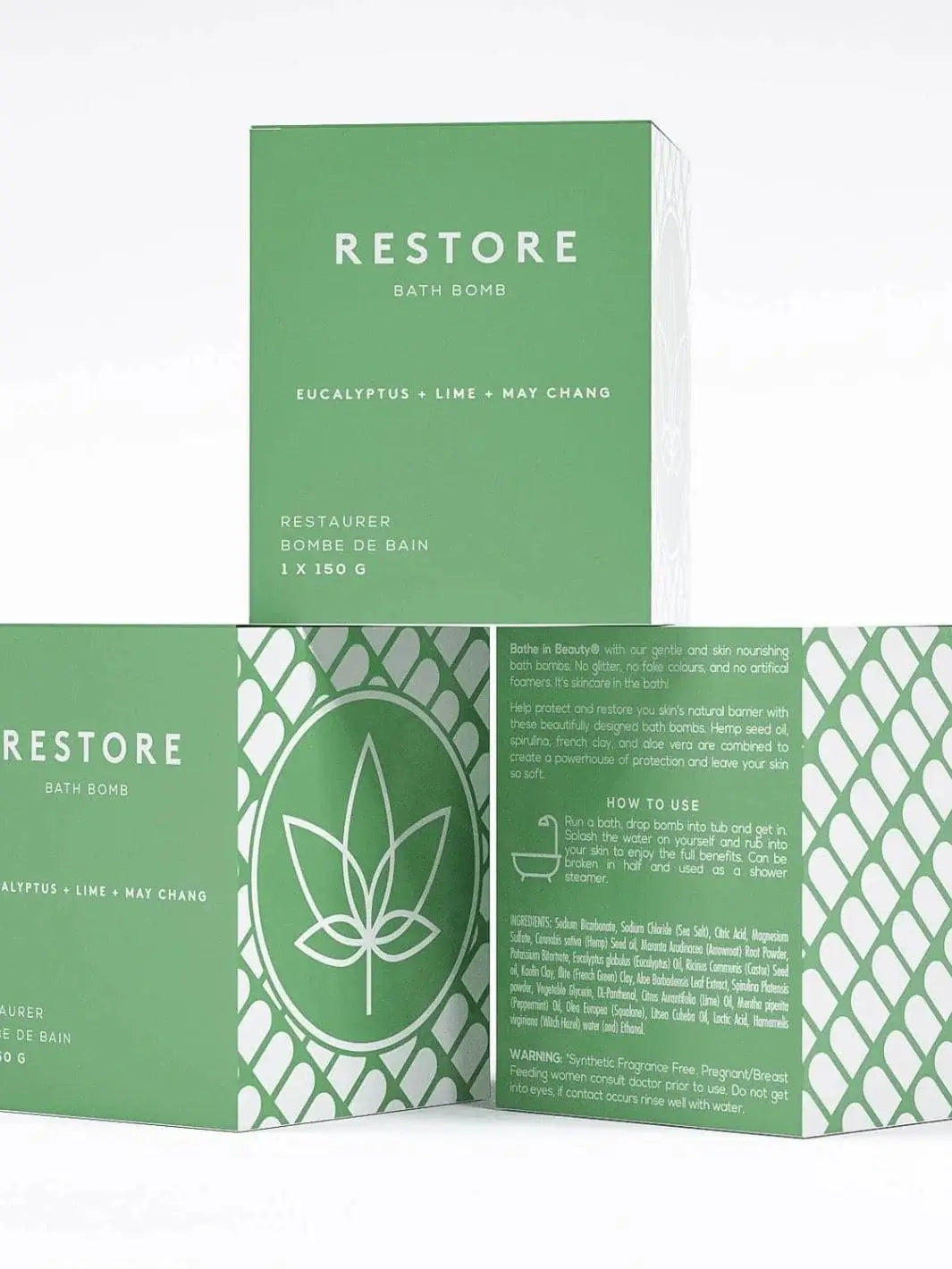 Three green boxes for the Bare Skin Bar RESTORE Bath Bomb are stacked to display the front, side hemp leaf graphic, and back usage directions | Twentyseven Toronto