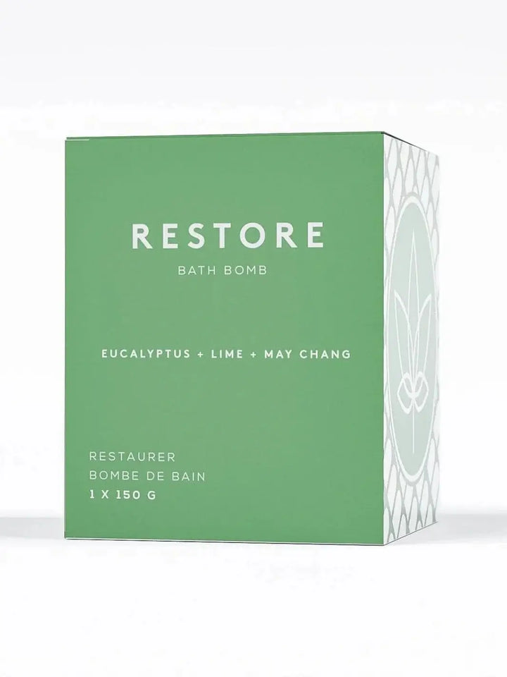 The green rectangular packaging of the Bare Skin Bar RESTORE Bath Bomb against a white background | Twentyseven Toronto