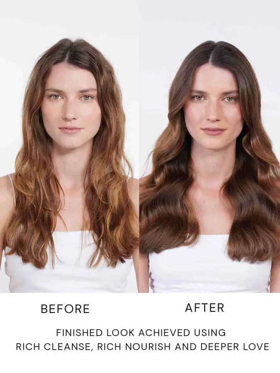 Side-by-side front images show a model's hair transitioning from frizzy to beautifully defined, smooth brunette waves after using Hair by Sam McKnight Rich Cleanse Nourishing Shampoo | Twentyseven Toronto