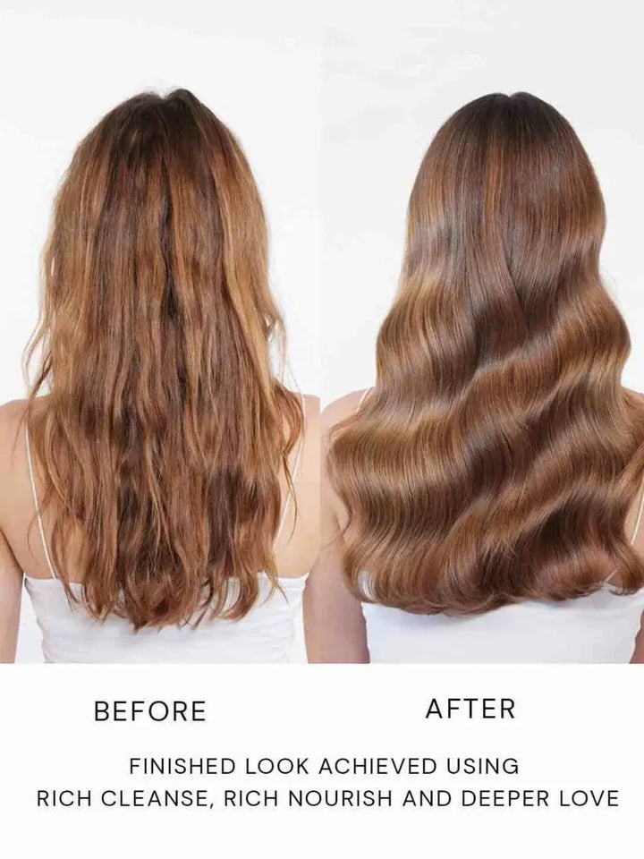 A before and after comparison from the back highlights the intense shine and frizz reduction achieved with Hair by Sam McKnight Rich Cleanse Nourishing Shampoo | Twentyseven Toronto