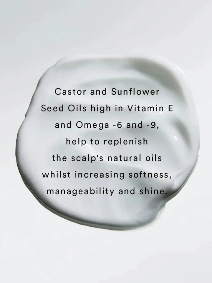 A smooth smear of white cream serves as the background for text highlighting the hair-softening oil ingredients in Hair by Sam McKnight Rich Nourishing Conditioner | Twentyseven Toronto