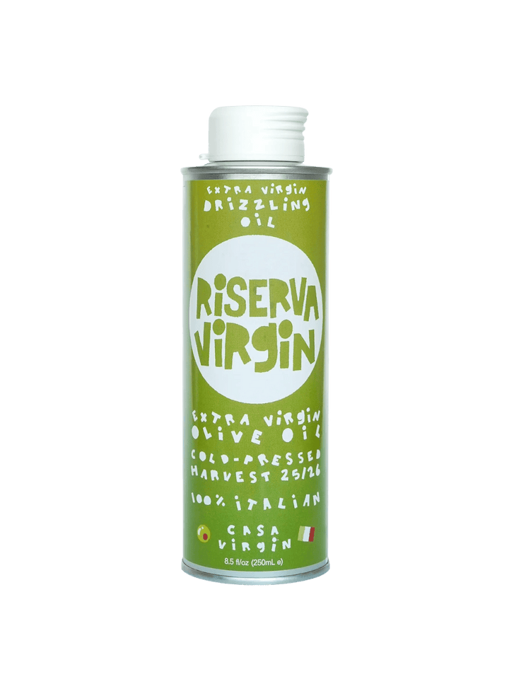 Green can of Riserva Virgin olive oil from Casa Virgin on a transparent background | Twentyseven Toronto