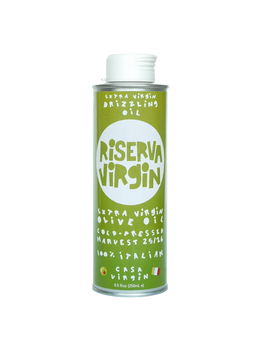 Green can of Riserva Virgin olive oil from Casa Virgin on a transparent background | Twentyseven Toronto