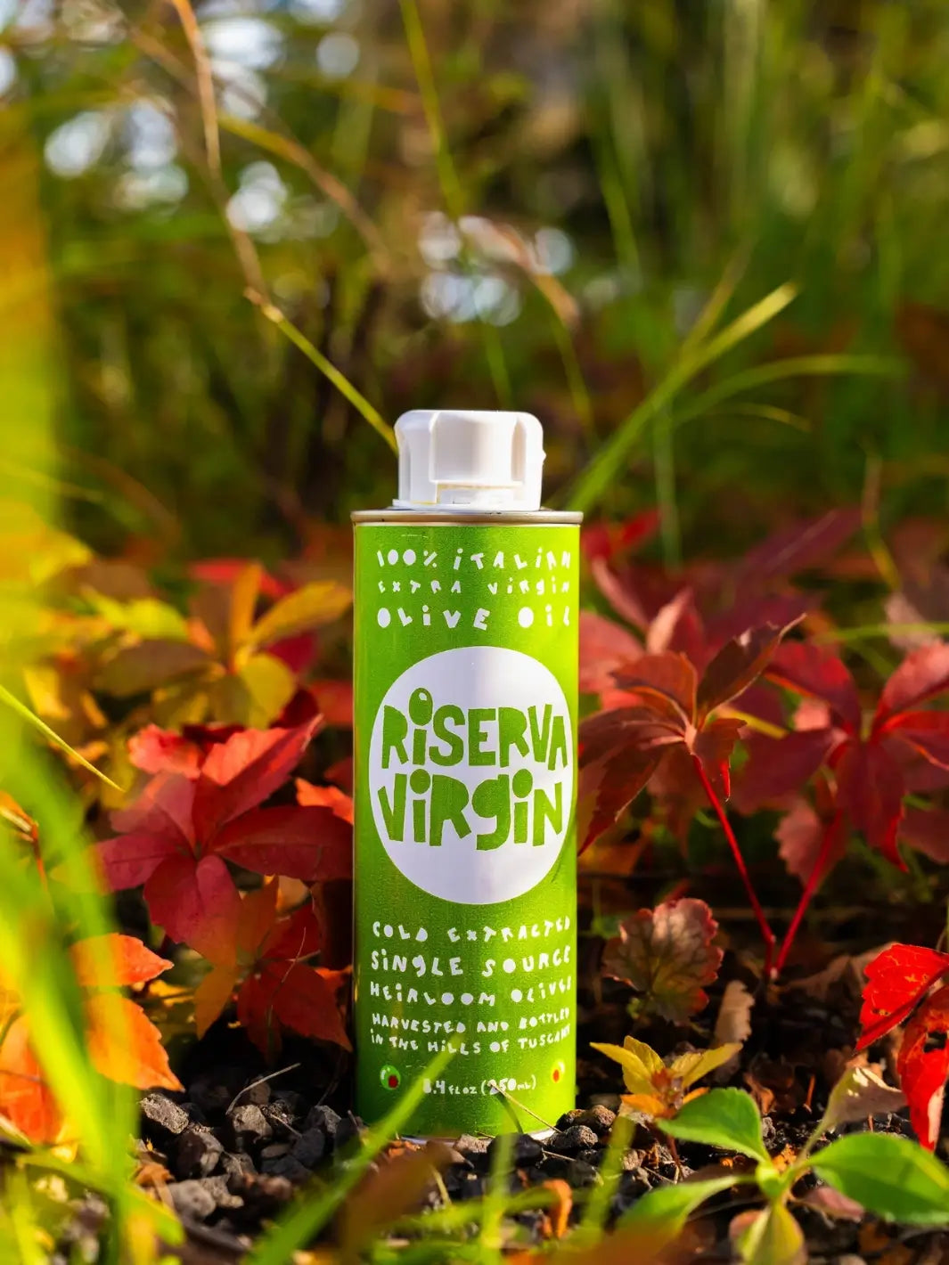 Can of Riserva Virgin olive oil from Casa Virgin surrounded by autumn leaves | Twentyseven Toronto