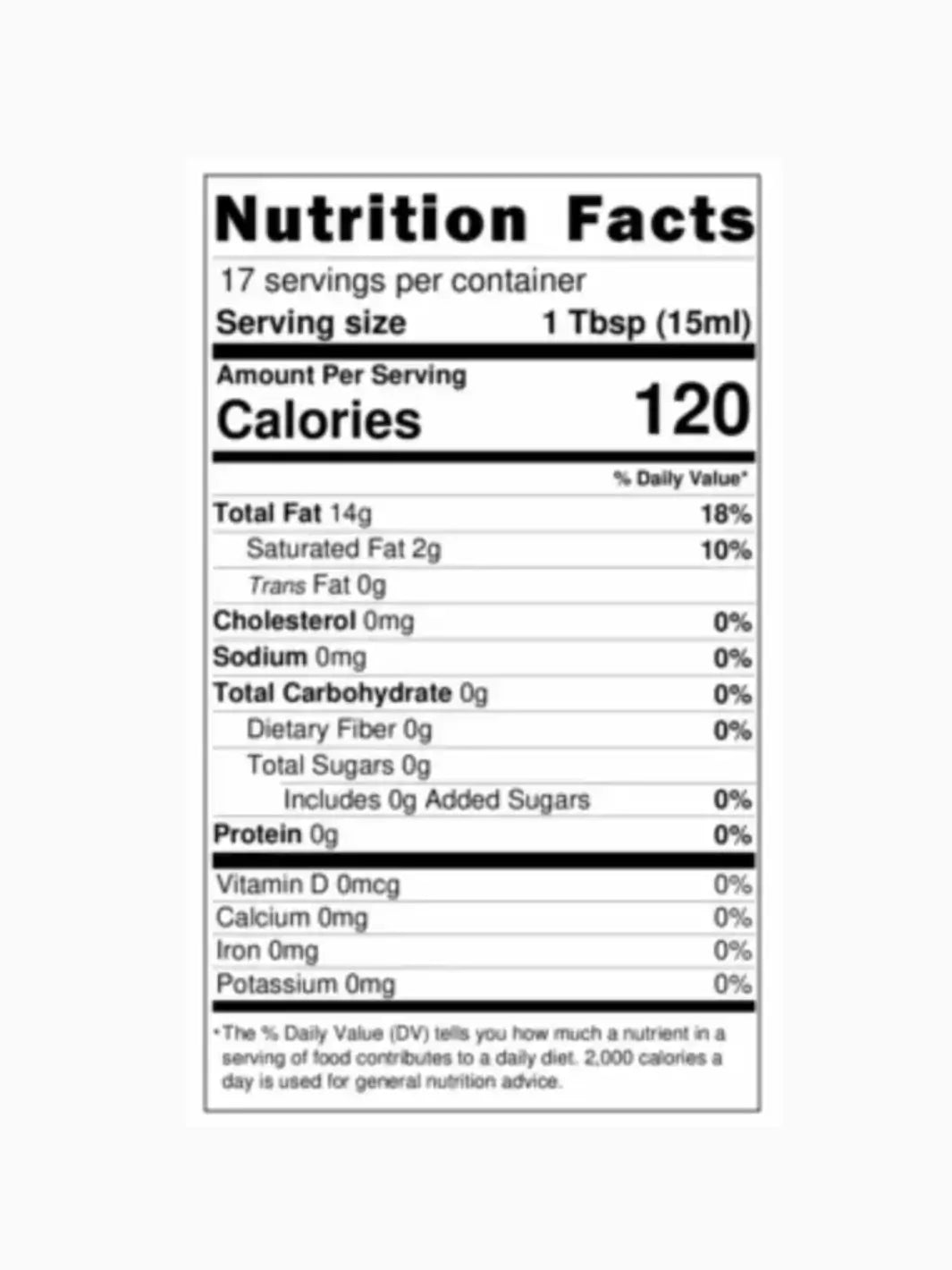Nutrition facts label for Riserva Virgin Olive Oil from Casa Virgin with 120 calories per serving | Twentyseven Toronto