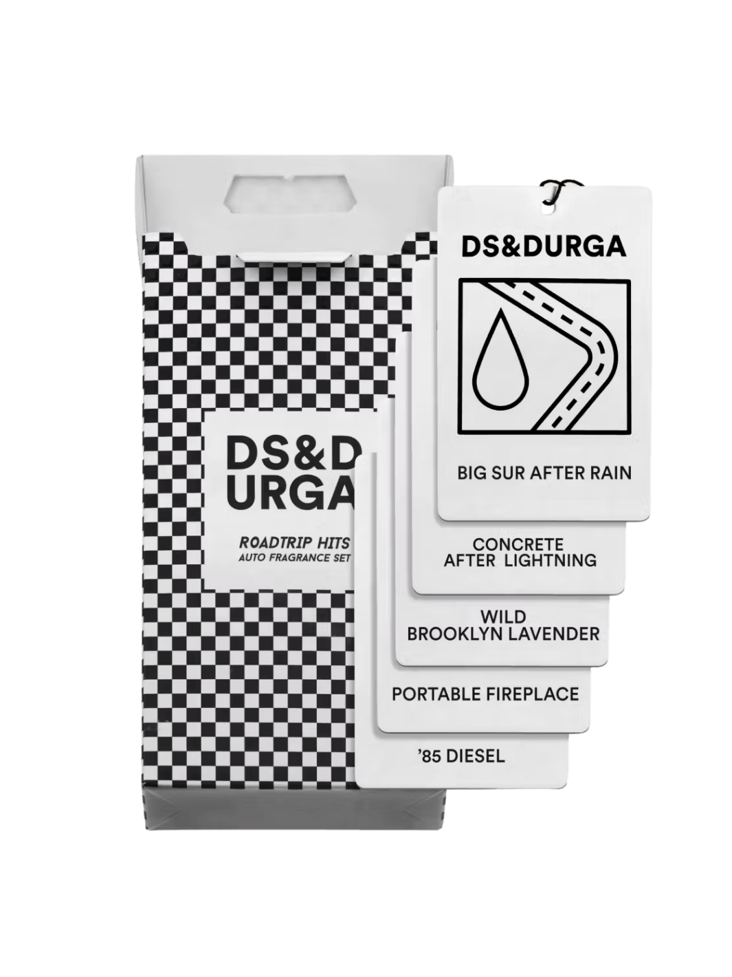 DS&Durga vehicle fragrance set with packaging and labels on a transparent background | Twentyseven Toronto