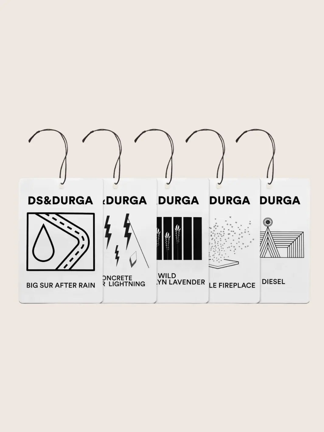 Set of DS&Durga car fragrance labels on a beige background | Twentyseven Toronto