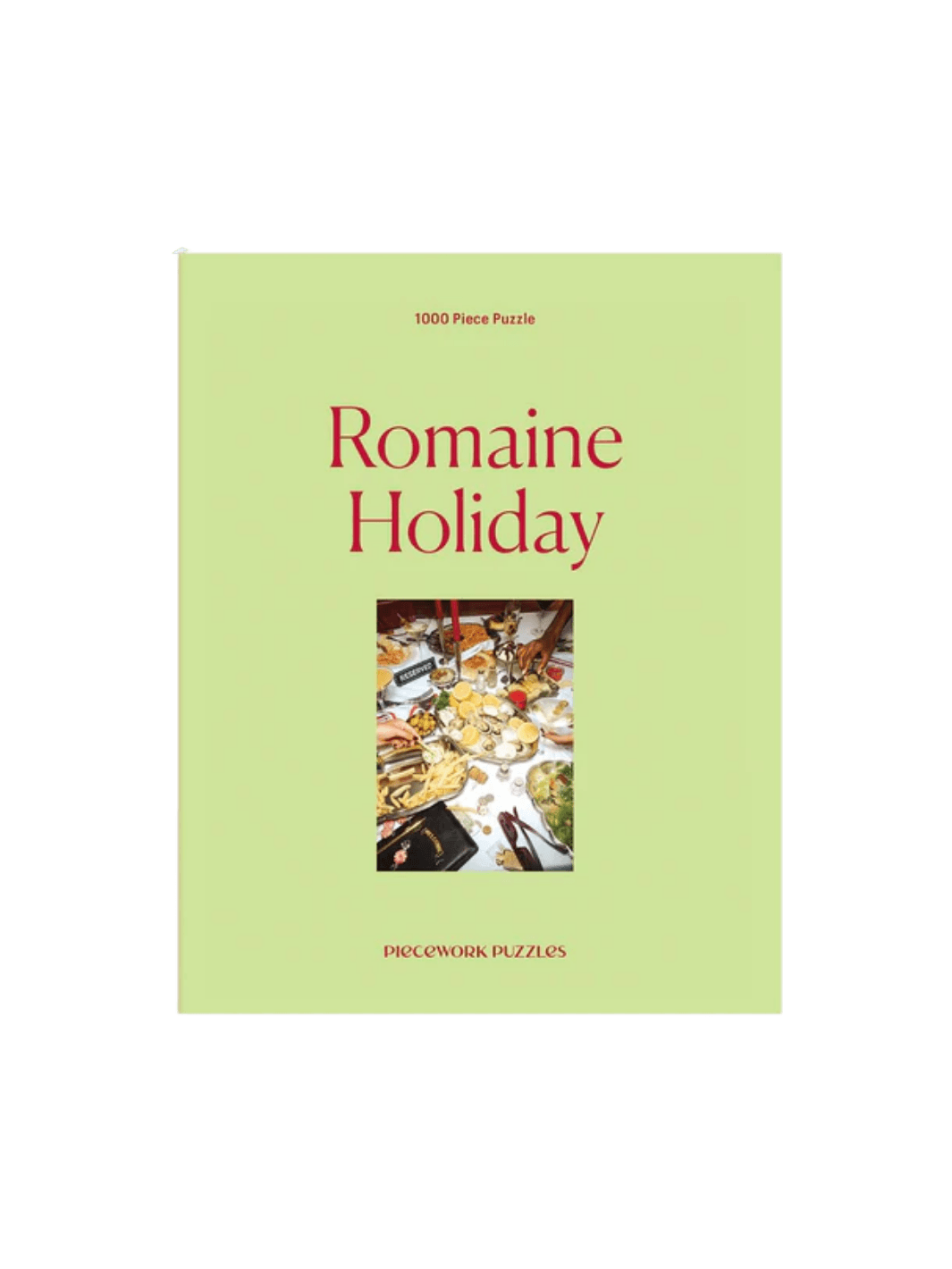 The Piecework Puzzles Romaine Holiday 1000 Piece Puzzle features a light green box cover | Twentyseven Toronto