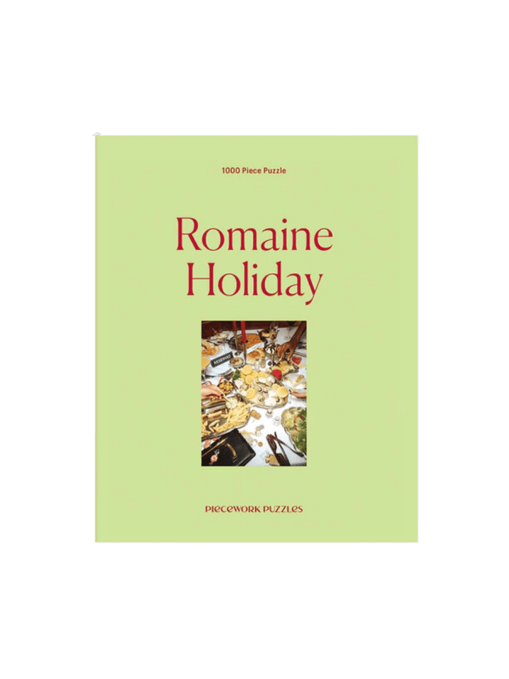 The Piecework Puzzles Romaine Holiday 1000 Piece Puzzle features a light green box cover | Twentyseven Toronto