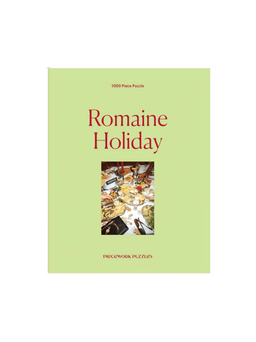 The Piecework Puzzles Romaine Holiday 1000 Piece Puzzle features a light green box cover | Twentyseven Toronto