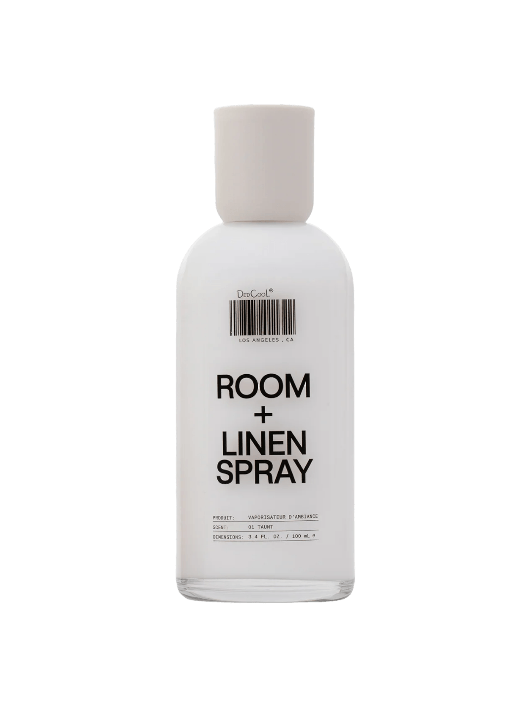 A white opaque Dedcool Room + Linen Spray 01 "Taunt" 100ml glass bottle featuring its signature barcode design and a matching white cap | Twentyseven Toronto
