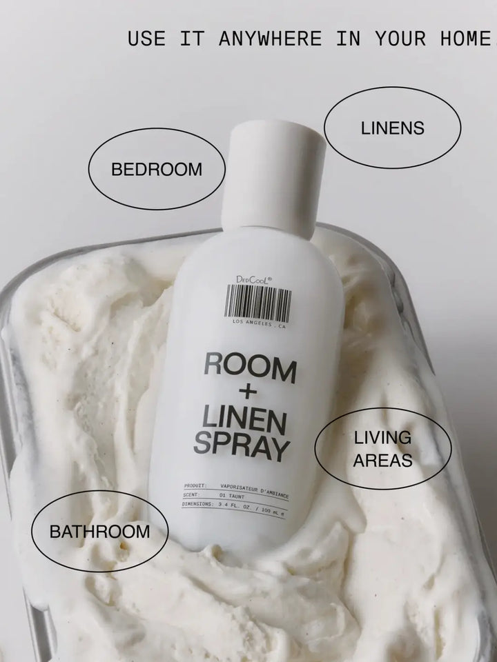 A 100ml bottle of Dedcool Room + Linen Spray 01 "Taunt" resting in a tray of thick white cream surrounded by circular text bubbles indicating home uses like bathroom, bedroom, linens, and living areas | Twentyseven Toronto