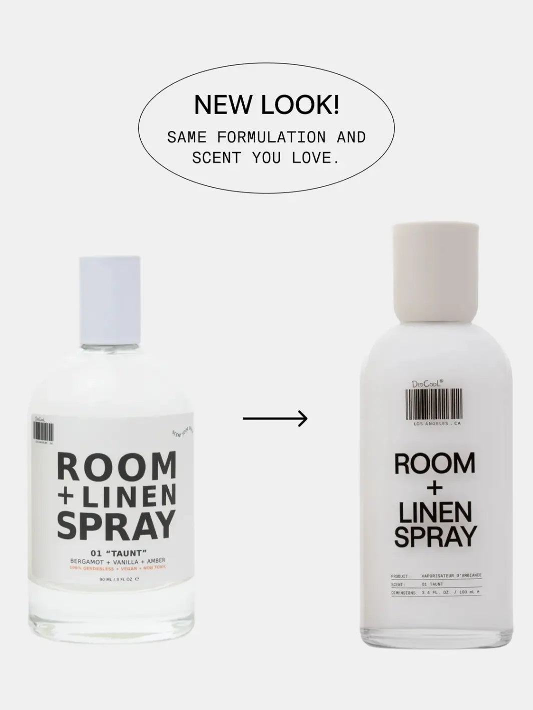 A side-by-side product design comparison under a "NEW LOOK!" oval graphic showing the original clear bottle transitioning into the updated white opaque 100ml bottle of Dedcool Room + Linen Spray 01 "Taunt" | Twentyseven Toronto