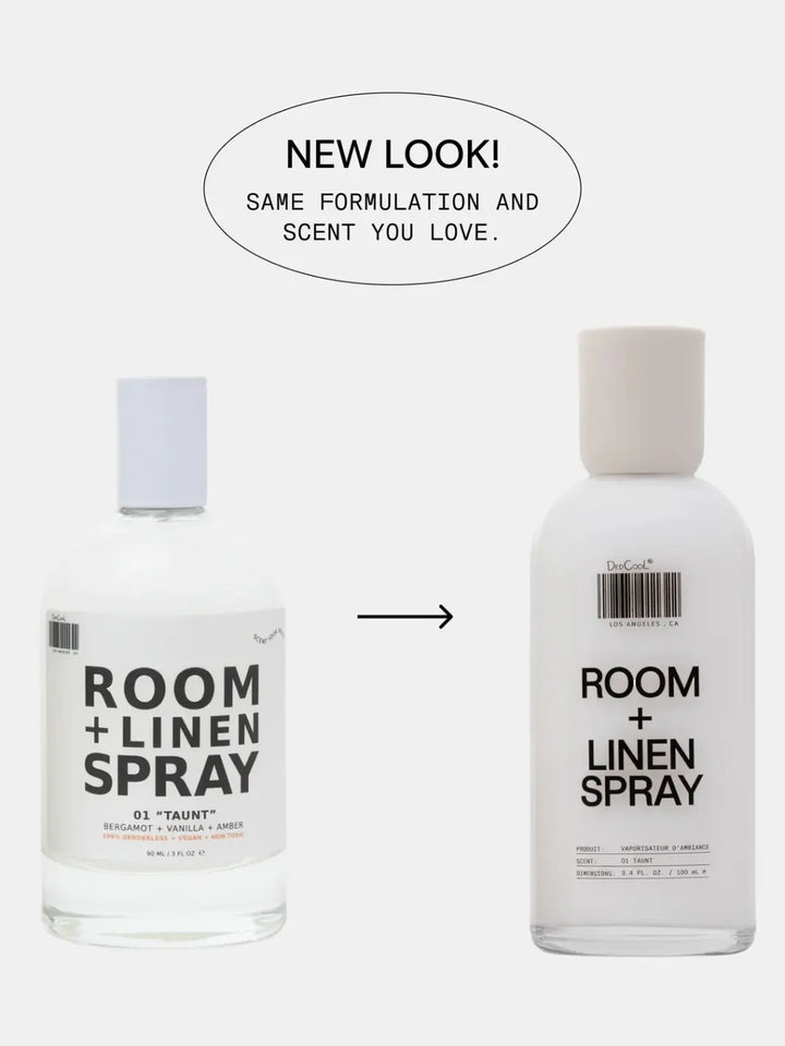 A side-by-side product design comparison under a "NEW LOOK!" oval graphic showing the original clear bottle transitioning into the updated white opaque 100ml bottle of Dedcool Room + Linen Spray 01 "Taunt" | Twentyseven Toronto