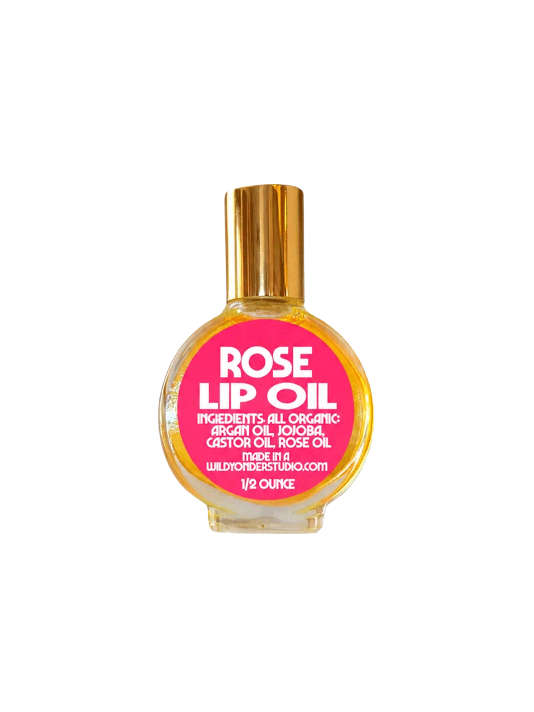 Wild Yonder Studio Rose Lip Oil in a glass bottle with a bright pink label and gold cap | Twentyseven Toronto